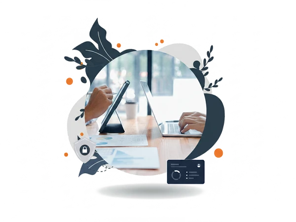 Zwei Personen arbeiten an einem Tisch, eine mit einem Laptop und die andere mit einem Tablet, umgeben von grafischen Elementen wie Blättern und Kreisen.