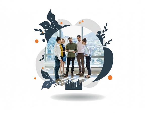 Eine Gruppe von fünf Menschen steht in einem modernen Büro und schaut auf ein Tablet. Um sie herum sind stilisierte grafische Elemente wie Blätter und bunte Punkte angeordnet, die dem Bild einen kreativen Rahmen geben.