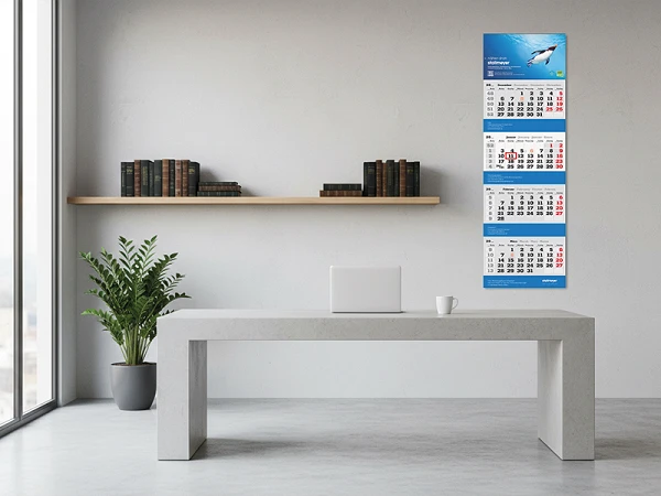 Ein minimalistisches Büro mit einem modernen, grauen Tisch und einem Laptop. An der Wand hängt ein Wandkalender mit farbigen Monaten und Bildern von Fischen. Im Hintergrund steht ein Bücherregal und eine Pflanze auf dem Boden.