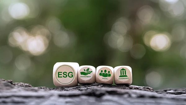 Holzklötze mit Symbolen für ESG (Umwelt, Soziales, Governance) stehen auf einer Baumrinde vor einem unscharfen, grünen Hintergrund.