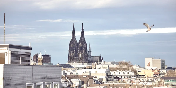 Der Kölner Dom ragt majestätisch über die Stadtlandschaft, umgeben von modernen Gebäuden und einem wolkenbedeckten Himmel, während ein Vogel im Vordergrund vorbeifliegt.