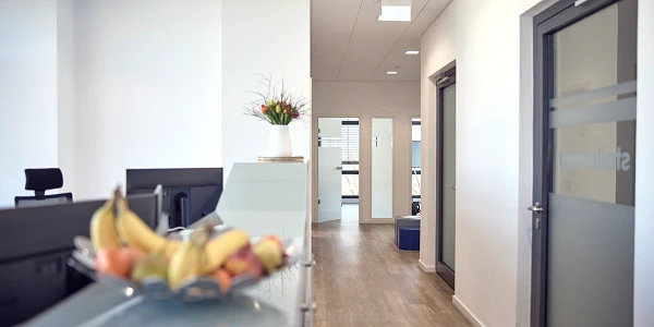 Ein Empfangsbereich mit einem modernen, minimalistischen Design, der eine Theke mit einer Obstschale und einen langen Flur zeigt, der zu weiteren Räumen führt.