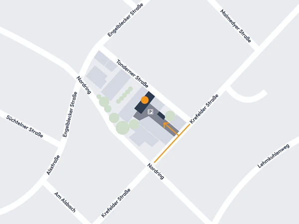 Eine Karte zeigt die Umgebung der Krefelder Straße mit Straßenbezeichnungen und einem eingezeichneten Parkplatz in der Nähe von Nordring.