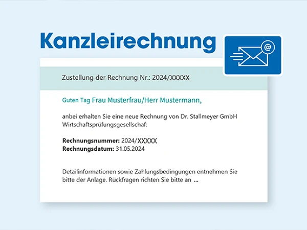 Eine Rechnung mit dem Titel „Kanzlerechnung“ zeigt die Rechnungsnummer und das Datum sowie einen Begrüßungstext für den Empfänger. Es enthält Informationen über die Rechnung und einen Hinweis auf weitere Details in der Anlage.