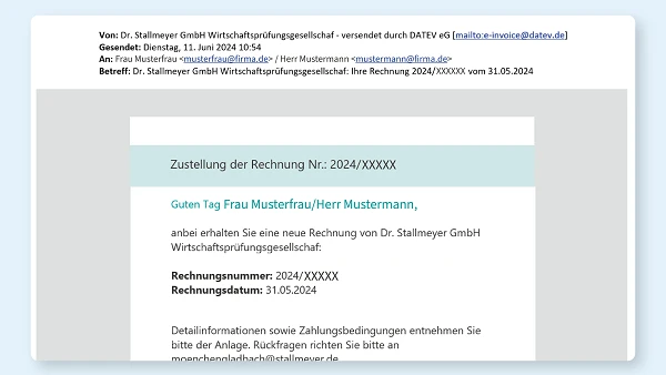 Eine E-Mail mit dem Betreff „Zustellung der Rechnung Nr.: 2024/XXXXX“, die Informationen zu einer Rechnung enthält, einschließlich Anrede, Rechnungsnummer und Rechnungdatum, sowie Zahlungsbedingungen.