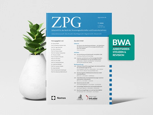 Auf dem Bild ist eine Zeitschrift mit dem Titel "ZPG" zu sehen, die als Ausgabe 1/2024 gekennzeichnet ist und sich mit dem Recht für Personengesellschaften und Unternehmensrecht beschäftigt. Neben der Zeitschrift steht eine moderne, weiße Vase mit einer kleinen Pflanze. In der oberen rechten Ecke befindet sich ein grünes Signet mit der Aufschrift "BWA ARBEITSKREIS STEUERN & REVISION".