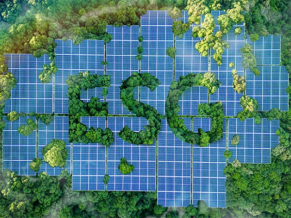 Eine große Ansammlung von Solarpanelen im Wald bildet die Buchstaben „ESG“ (Umwelt, Soziale Verantwortung und Unternehmensführung) aus, umgeben von üppigem grünem Wald.