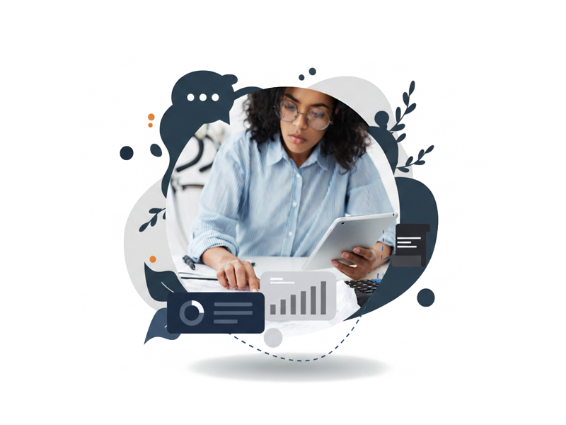 Eine Person mit Brille, die auf einem Tablet arbeitet, während sie Notizen auf einem Tisch macht; umgeben von grafischen Elementen wie Diagrammen und Sprechblasen.
