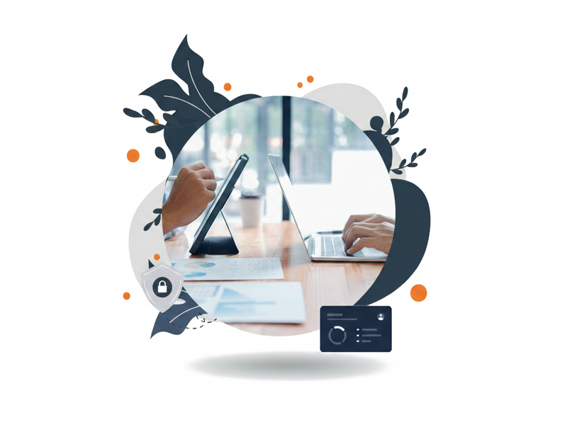 Zwei Personen arbeiten an einem Tisch, eine mit einem Laptop und die andere mit einem Tablet, umgeben von grafischen Elementen wie Blättern und Kreisen.