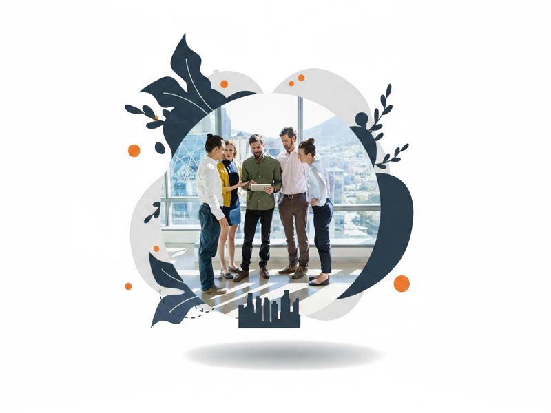 Eine Gruppe von fünf Menschen steht in einem modernen Büro und schaut auf ein Tablet. Um sie herum sind stilisierte grafische Elemente wie Blätter und bunte Punkte angeordnet, die dem Bild einen kreativen Rahmen geben.