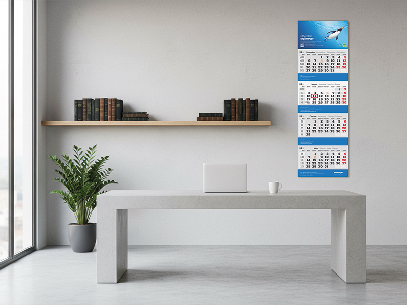 Ein minimalistisches Büro mit einem modernen, grauen Tisch und einem Laptop. An der Wand hängt ein Wandkalender mit farbigen Monaten und Bildern von Fischen. Im Hintergrund steht ein Bücherregal und eine Pflanze auf dem Boden.