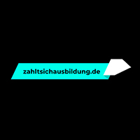 Ein stilisierter Schriftzug auf schwarzem Hintergrund mit der Website "zahltsichausbildung.de" in leuchtendem Türkis und einem weißen Pfeil, der nach rechts zeigt.