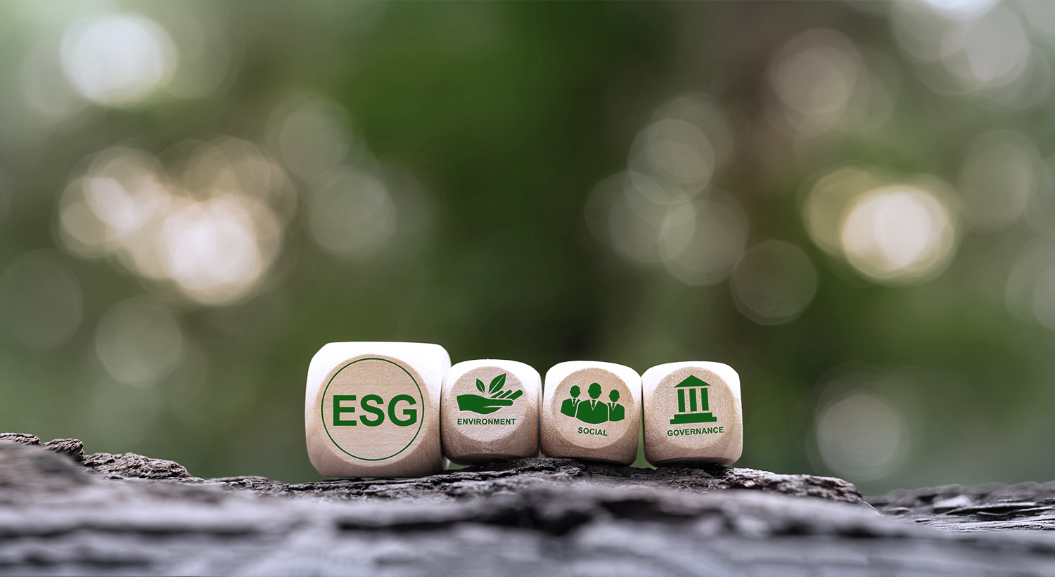 Holzklötze mit Symbolen für ESG (Umwelt, Soziales, Governance) stehen auf einer Baumrinde vor einem unscharfen, grünen Hintergrund.