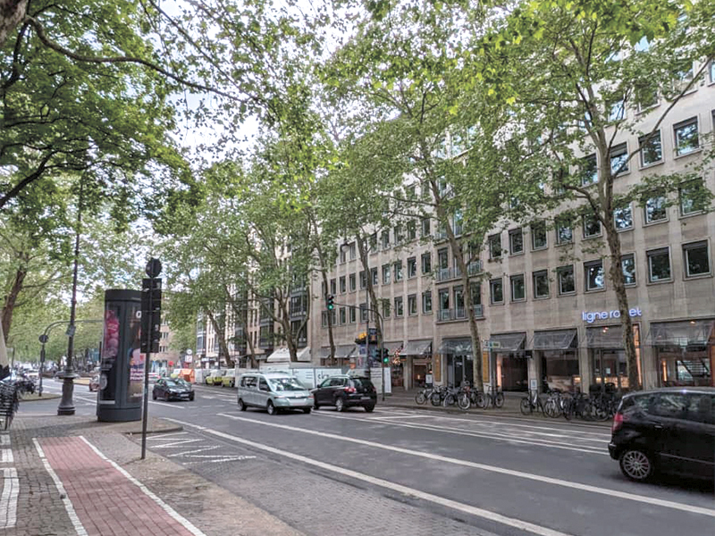 Eine belebte Straße mit mehreren Bäumen auf beiden Seiten, modernen Gebäuden im Hintergrund und parkenden sowie fahrenden Autos. Fahrräder sind an einem Fahrradständer abgestellt. An der linken Seite ist ein Werbeplakat sichtbar.