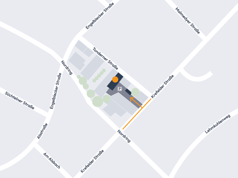 Eine Karte zeigt die Umgebung der Krefelder Straße mit Straßenbezeichnungen und einem eingezeichneten Parkplatz in der Nähe von Nordring.