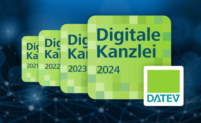 Vier grüne Rechtecke mit dem Text "Digitale Kanzlei 2024" sind vor einem blau leuchtenden Hintergrund angeordnet, auf dem sich Netzwerkmuster abzeichnen. Rechts unten ist das Logo von DATEV zu sehen.