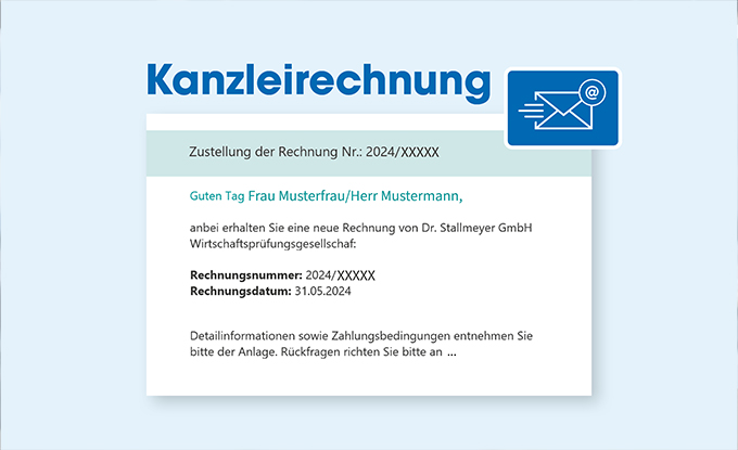 Eine Rechnung mit dem Titel „Kanzlerechnung“ zeigt die Rechnungsnummer und das Datum sowie einen Begrüßungstext für den Empfänger. Es enthält Informationen über die Rechnung und einen Hinweis auf weitere Details in der Anlage.