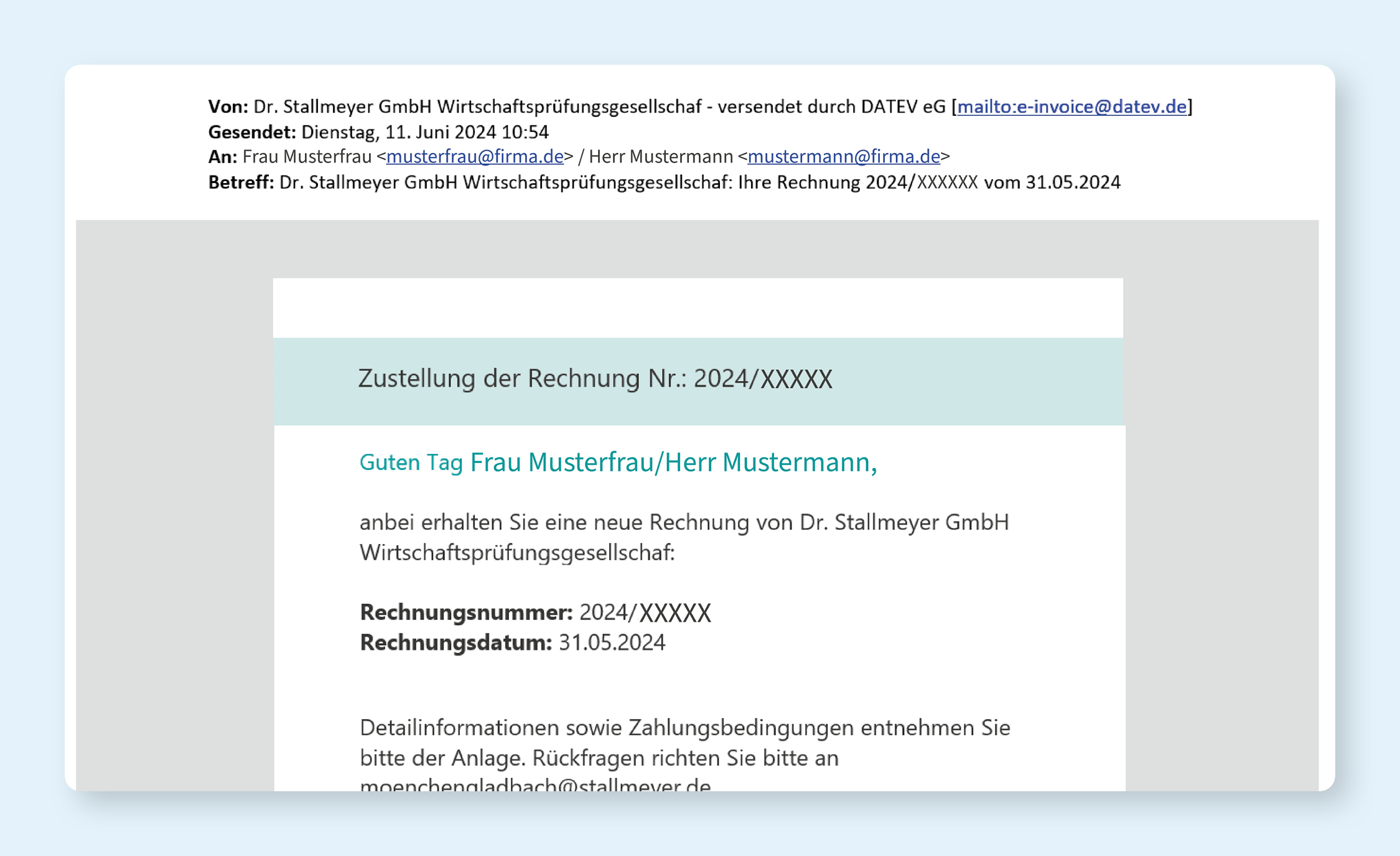 Eine E-Mail mit dem Betreff „Zustellung der Rechnung Nr.: 2024/XXXXX“, die Informationen zu einer Rechnung enthält, einschließlich Anrede, Rechnungsnummer und Rechnungdatum, sowie Zahlungsbedingungen.