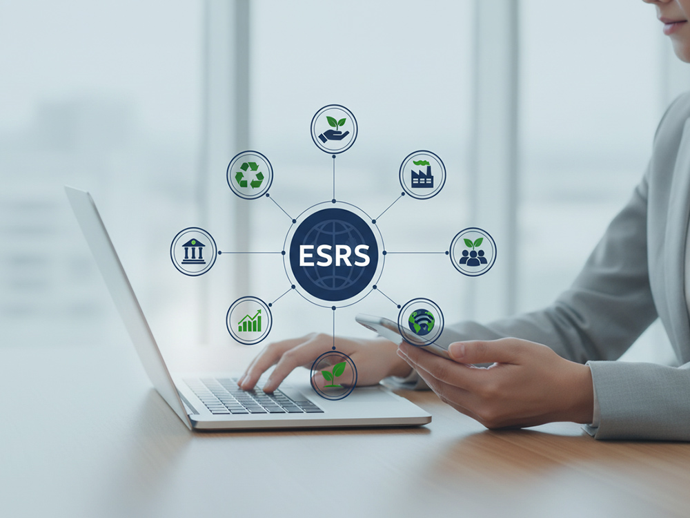Eine Person in einem grauen Anzug sitzt an einem Tisch und benutzt ein Laptop sowie ein Smartphone, während um sie herum Symbole für nachhaltige Entwicklung und Wirtschaftswachstum angeordnet sind, die den Begriff "ESRS" umschließen.