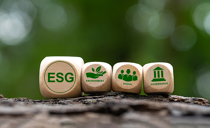 Holzwürfel mit den eingeritzten Zeichen "ESG", "Environment" (Umwelt), "Social" (Soziales) und "Governance" (Unternehmensführung) stehen auf einem Baumstamm, vor unscharfem, grünem Hintergrund.
