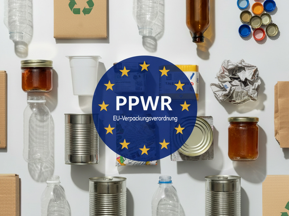 Verschiedene Verpackungsmaterialien wie Plastikflaschen, Dosen, Gläser, Kartons und zerknülltes Papier sind auf einem Tisch angeordnet, in der Mitte befindet sich ein blauer Kreis mit der Aufschrift „PPWR EU-Verpackungsverordnung“ und dem EU-Sternenkranz.